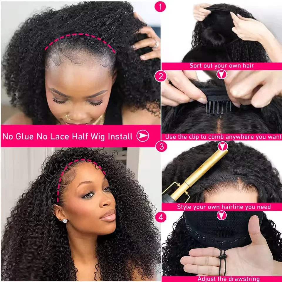Burmese Curly Human Hair Kinky Culry 3 IN 1 Half Wig